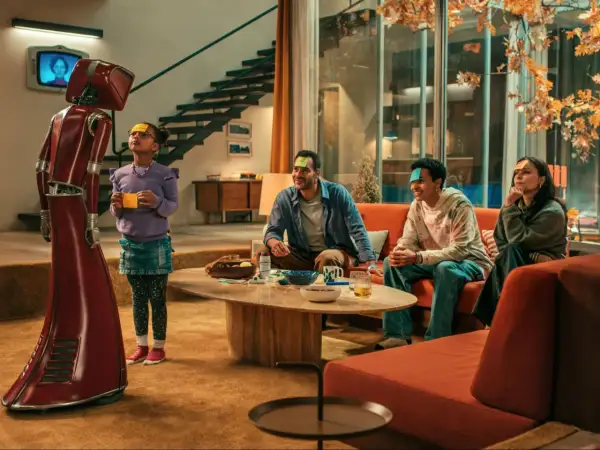 Rodzina gra w grę z robotem z serialu "Lab serial TVN". Na czołach mają karteczki z zagadkami.