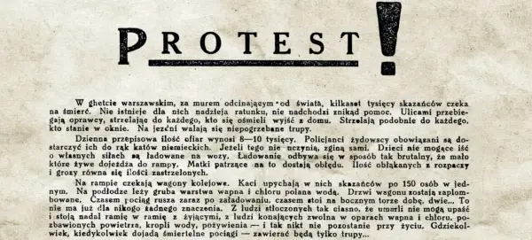 PROTEST!" - nagłówek dokumentu opisującego okrucieństwa w getcie warszawskim. Tekst wspomina o tysiącach skazańców, egzekucjach i brutalnym ładowaniu ludzi do wagonów, jak w jakimś tragicznym, francuskim suicie.